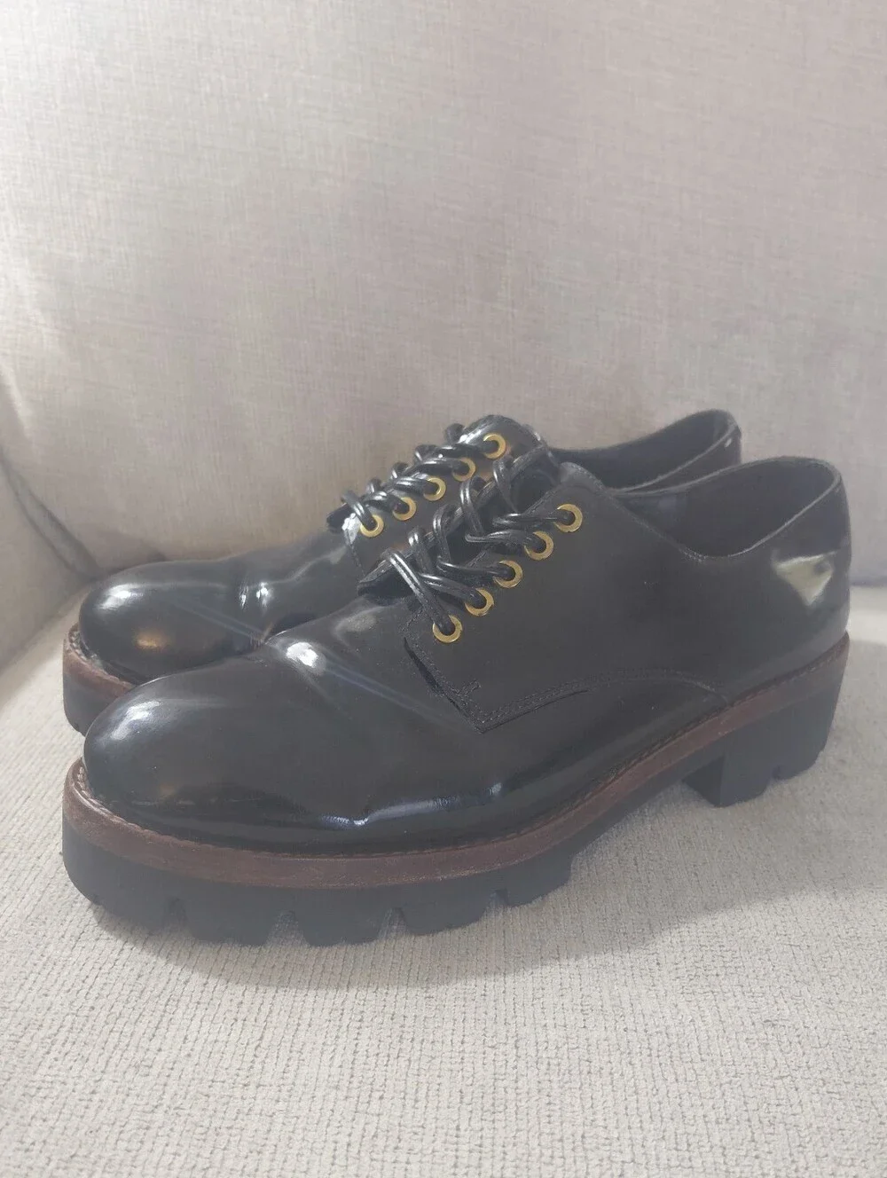 Jeffrey Campbell Black Patent Leather Lace-Up Lug Sole Oxfords Size 9.5